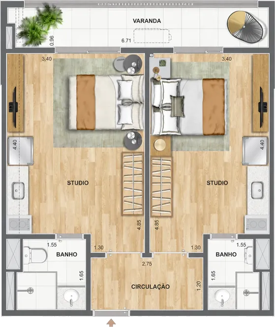 Planta ilustrativa de referência com dois ambientes independentes